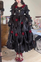 Black Tana Manor Rose Flower Long Sleeves Ruffle Bowknot Elegant Gothic Princess Lolita Strapless Dress